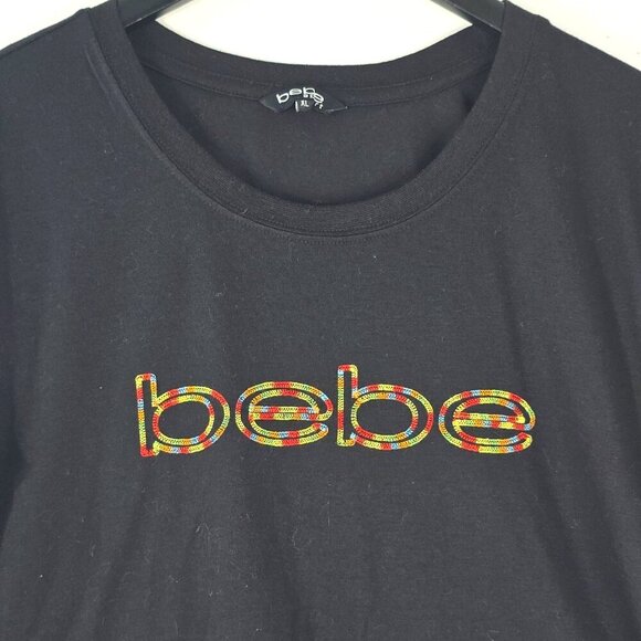 BEBE Sport Y2K Black Rainbow Stitched Boxy Crop Length Baby Tee - Picture 2 of 6